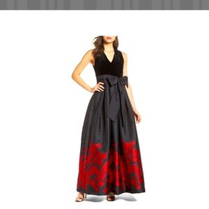 Eliza J halter black velvet and taffeta red rose bottom. SZ 14